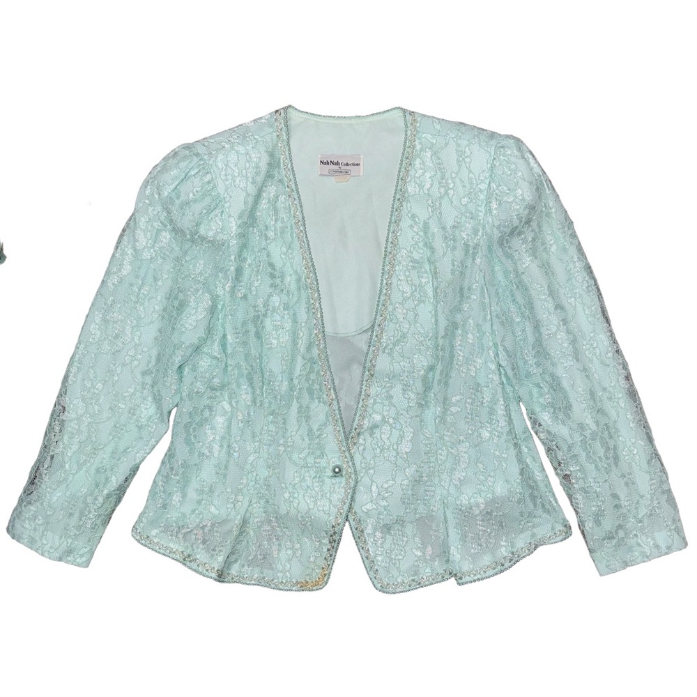Vintage 80s Lace Minty Pastel Blue Blazer Jacket Retro Coquette Whimsy